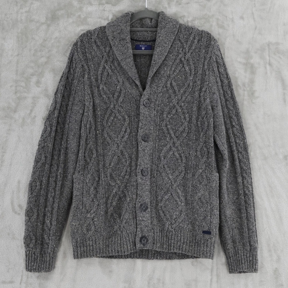 Gant Cable Knit Lambswool‎ Shawl Collar Cardigan Mens Med Gray Eclectic Grandpa